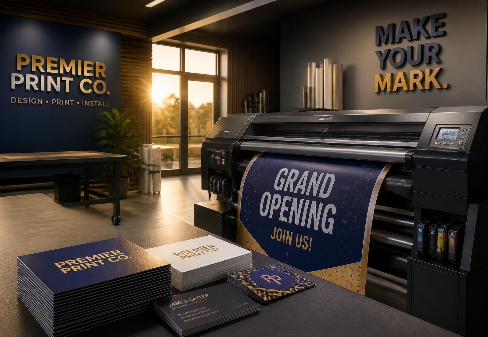 Royal Color LLC print production floor with large-format printing, business cards and 3D signage letters